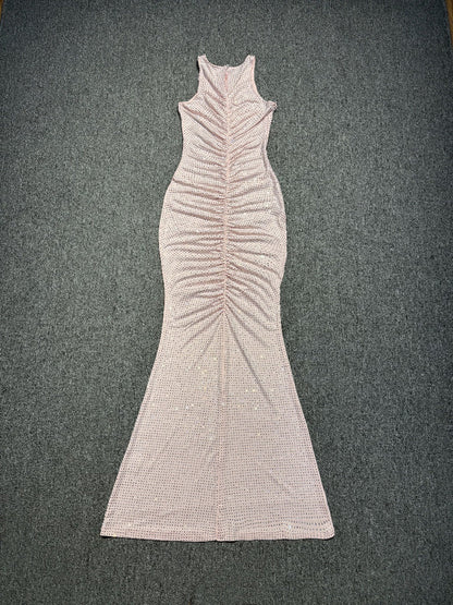 Hollow Mesh Rhinestone Sleeveless maxi Dress in pink