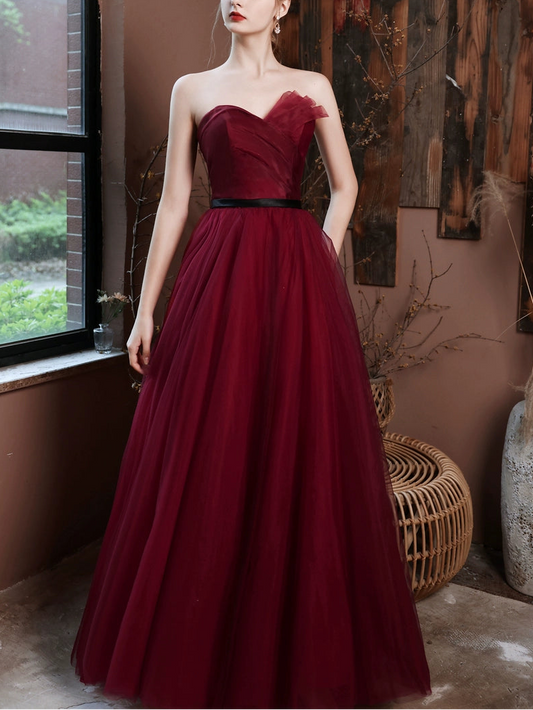 tara off-shoulder tulle maxi dress in burgundy