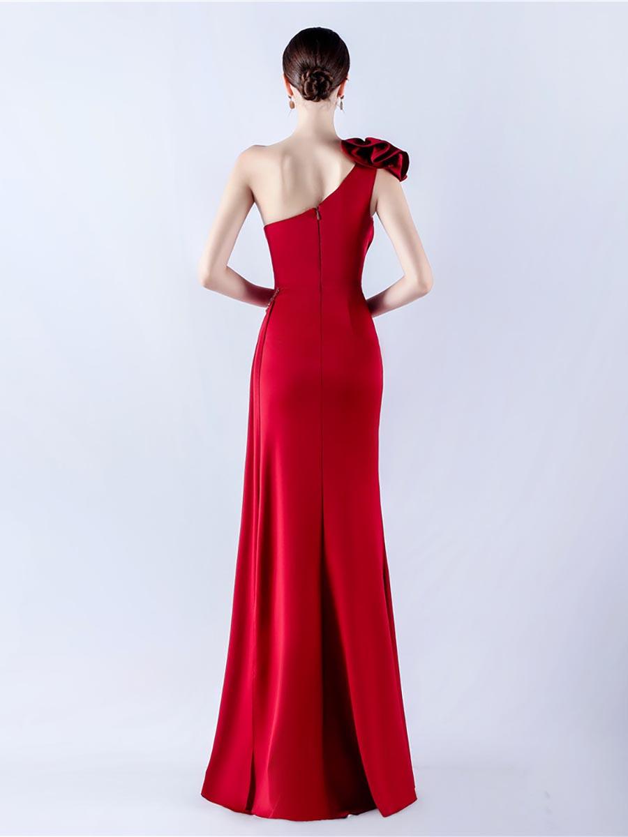 One Shoulder Flower Pleated Draped Prom Dress