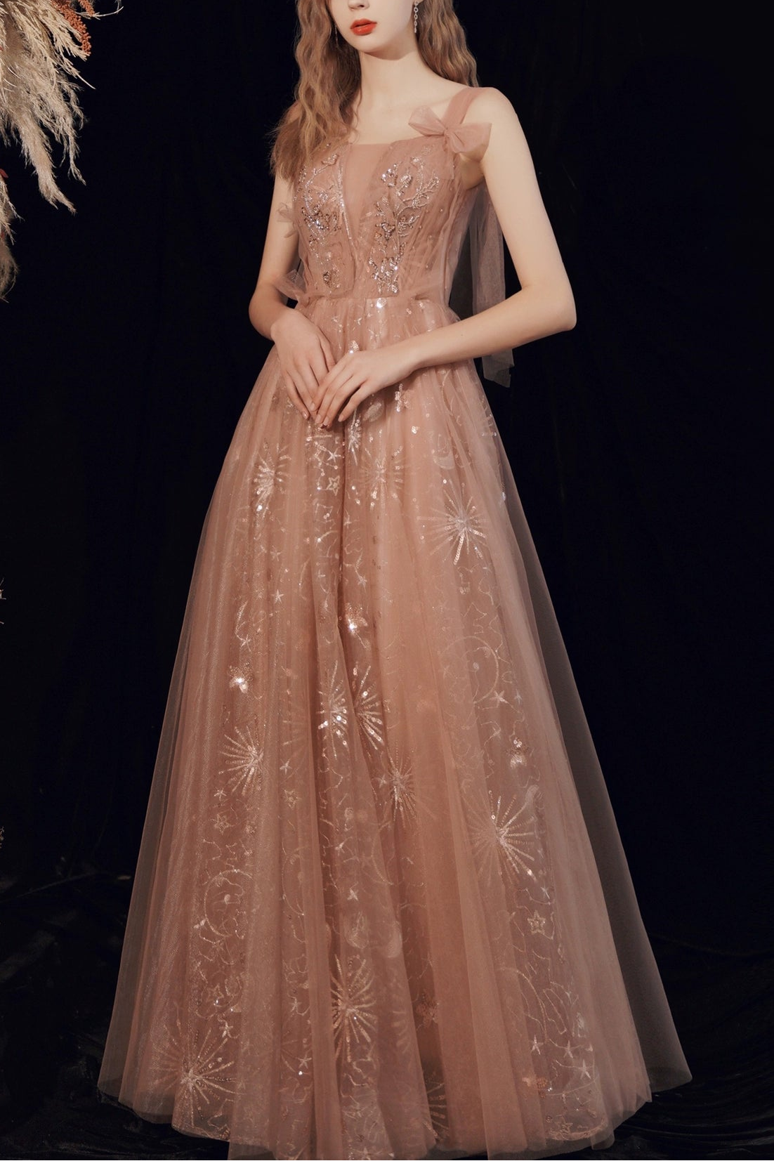 sequin embroidery maxi dress in pink-orange