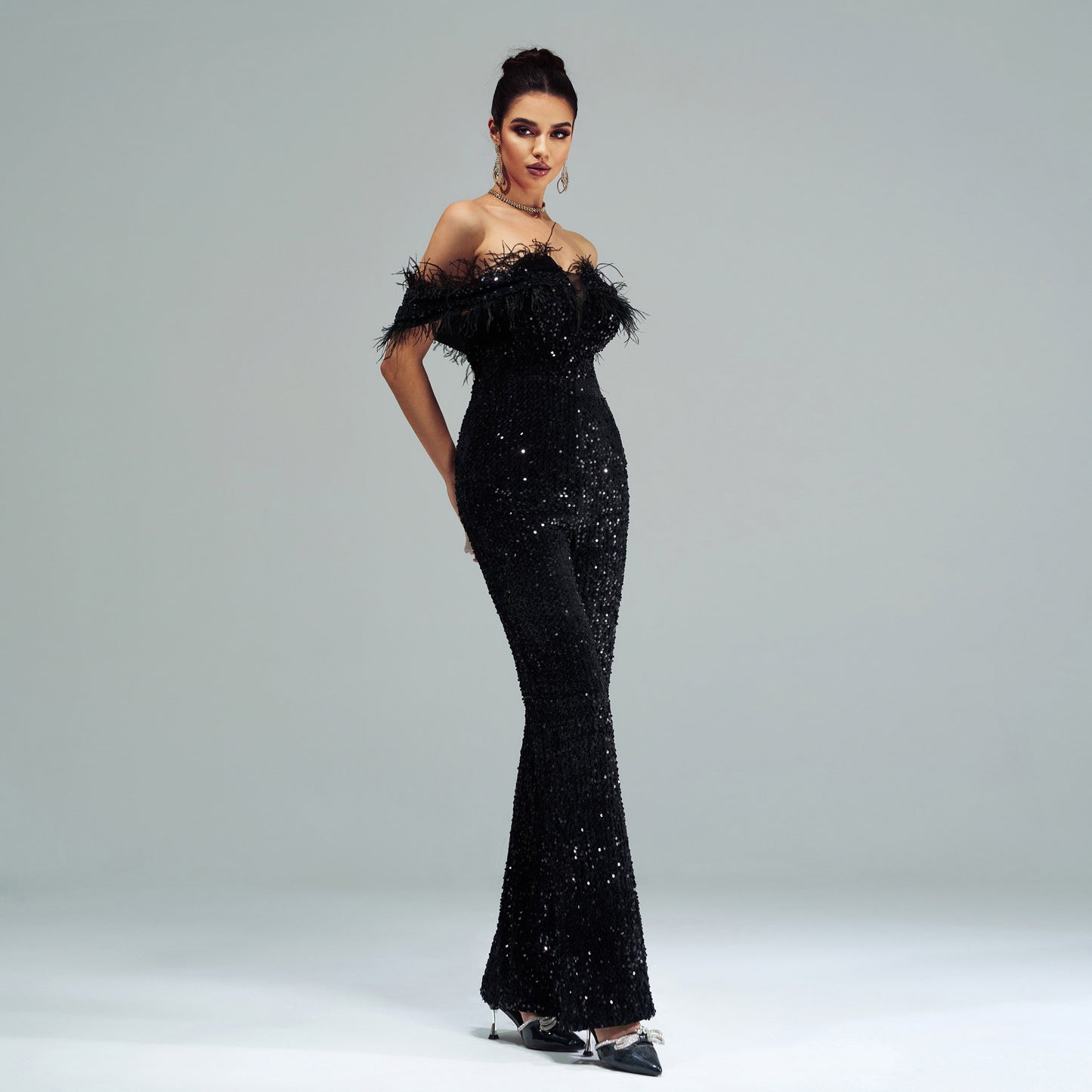 off-shoulder sequin feather jumpsuit in black