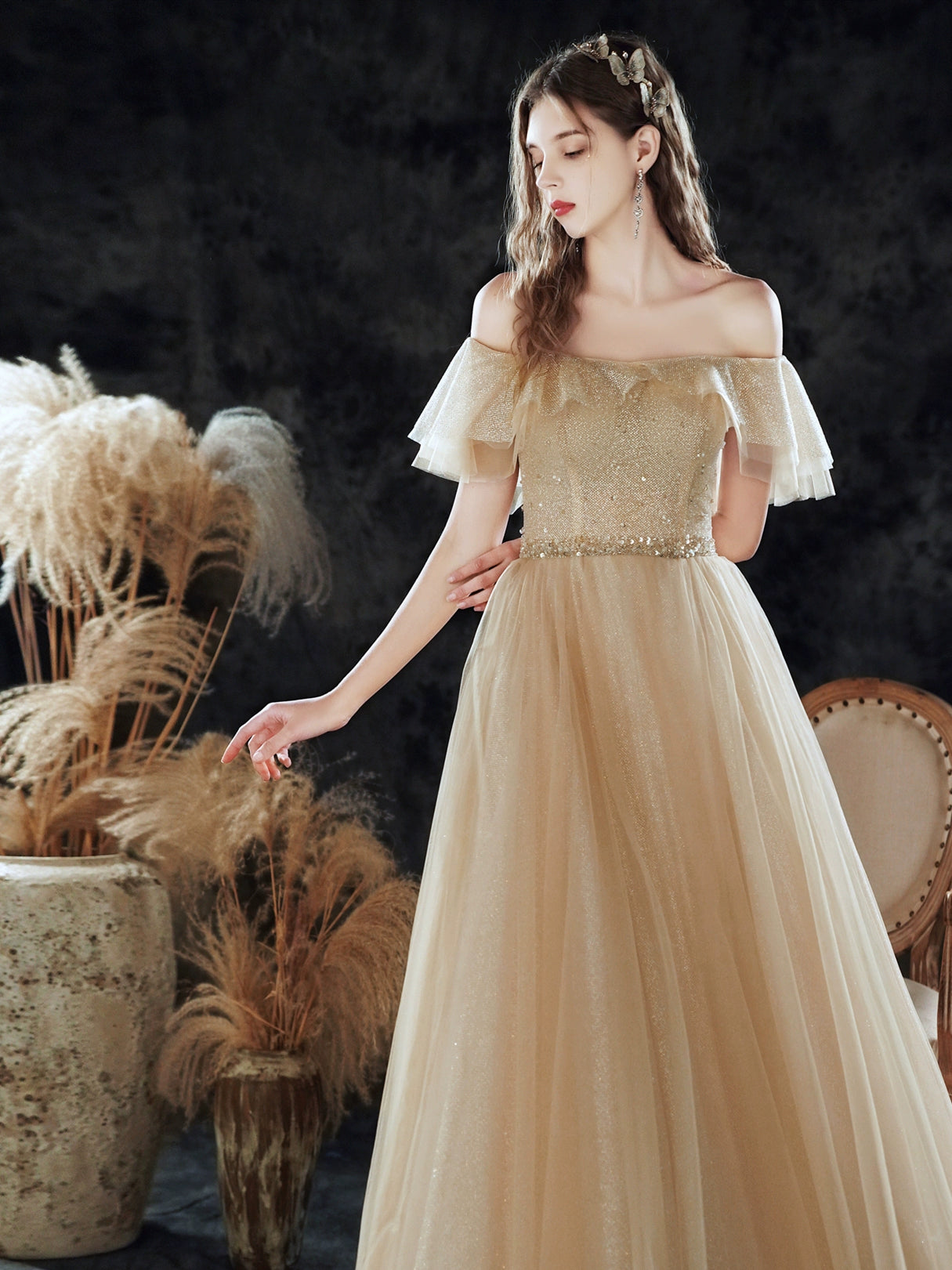 champagne ruffle detail sequin maxi dress