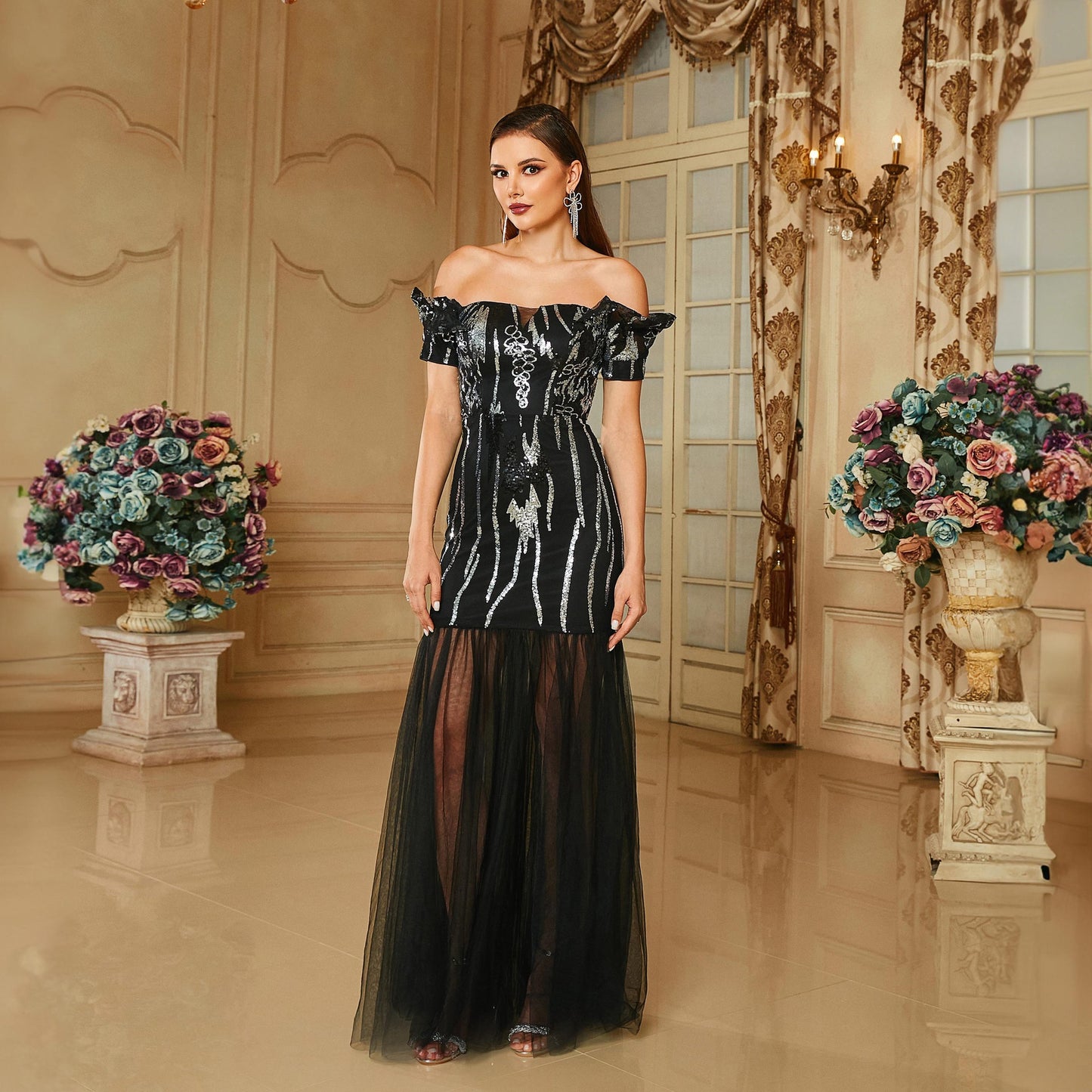 black Off-the-shoulder long sequined fishtail maxi dress