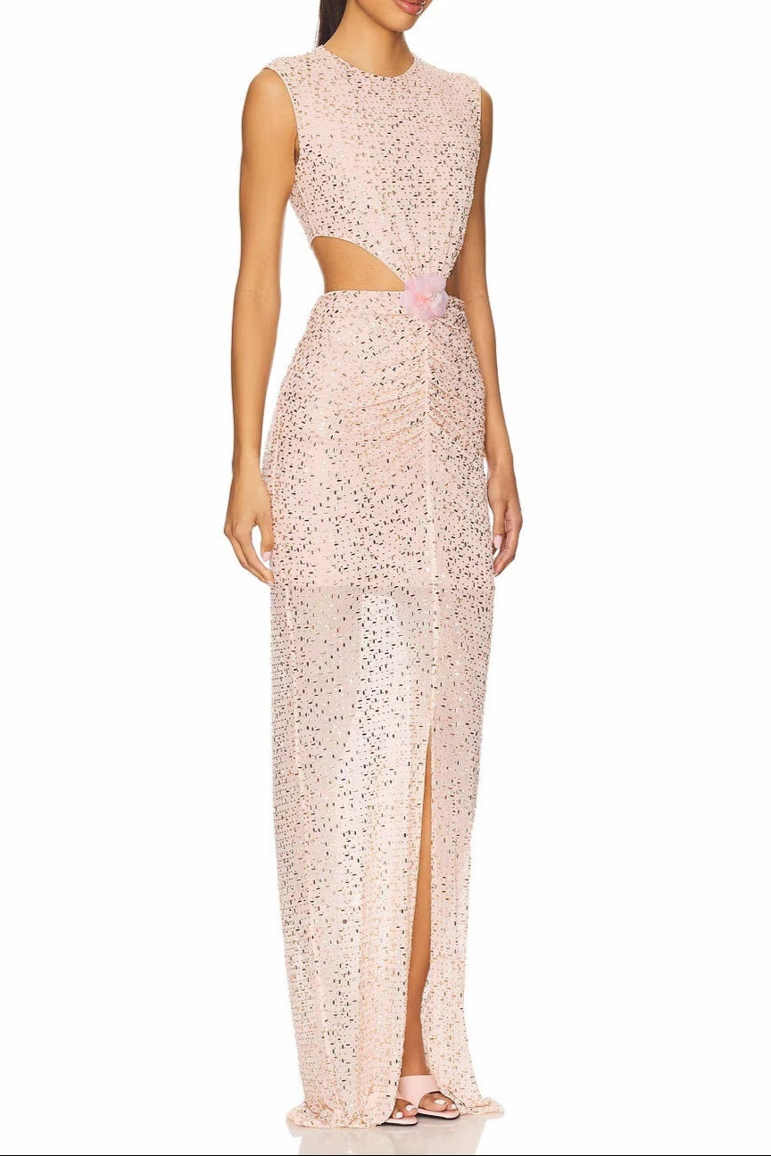 vivien flower sequin cutout maxi dress in apricot