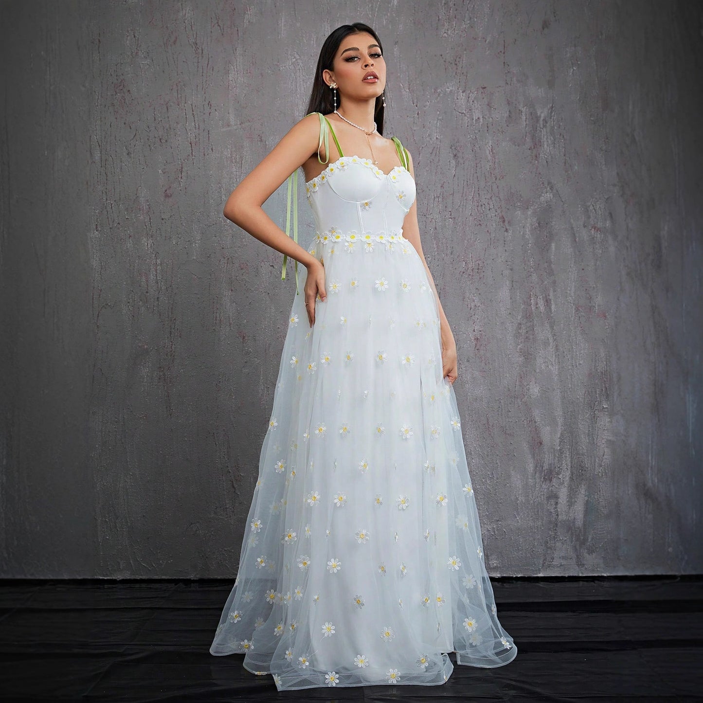 floral embroidery high slit tulle maxi dress in white