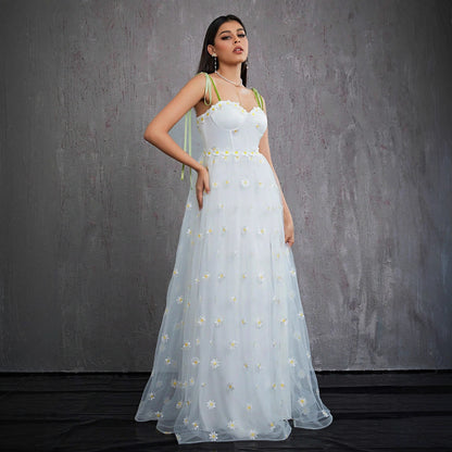 floral embroidery high slit tulle maxi dress in white