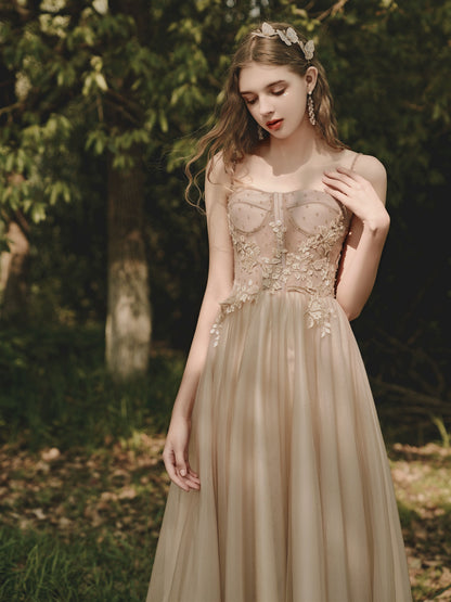 floral applique rhinestone maxi dress in champagne