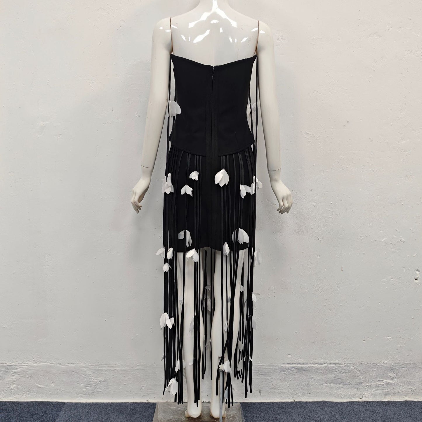 hilary black flower tassel strapless mini dress
