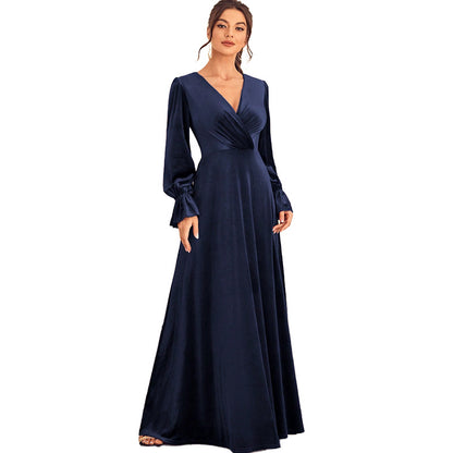 v-neck lantern sleeve satin maxi dress in dark blue