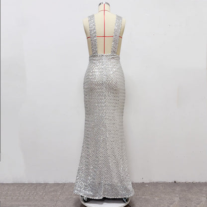 rebecca bow sequin embellished v neck maxi dress in silver