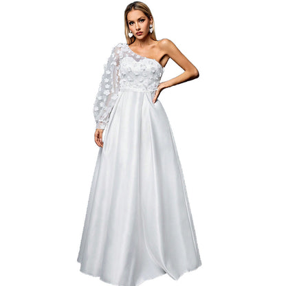 one shoulder flower applique maxi dress in white
