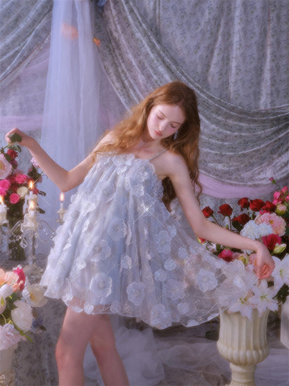 Tutu Light Blue Sleeveless Flower Diamond Short Doll Dress
