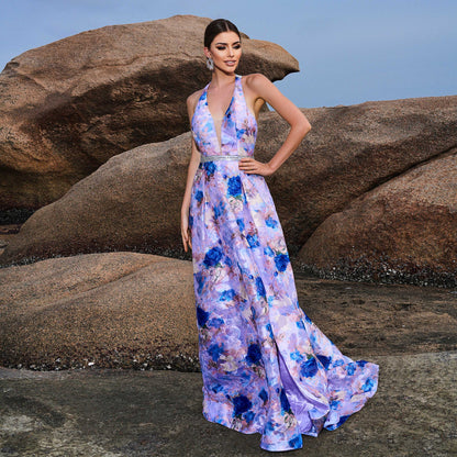v-neck floral print halter backless maxi dress