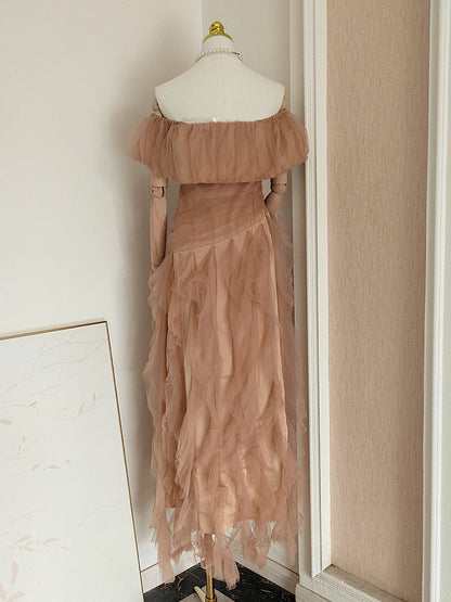 tulle tube top with rippling pattern maxi dress in Khaki