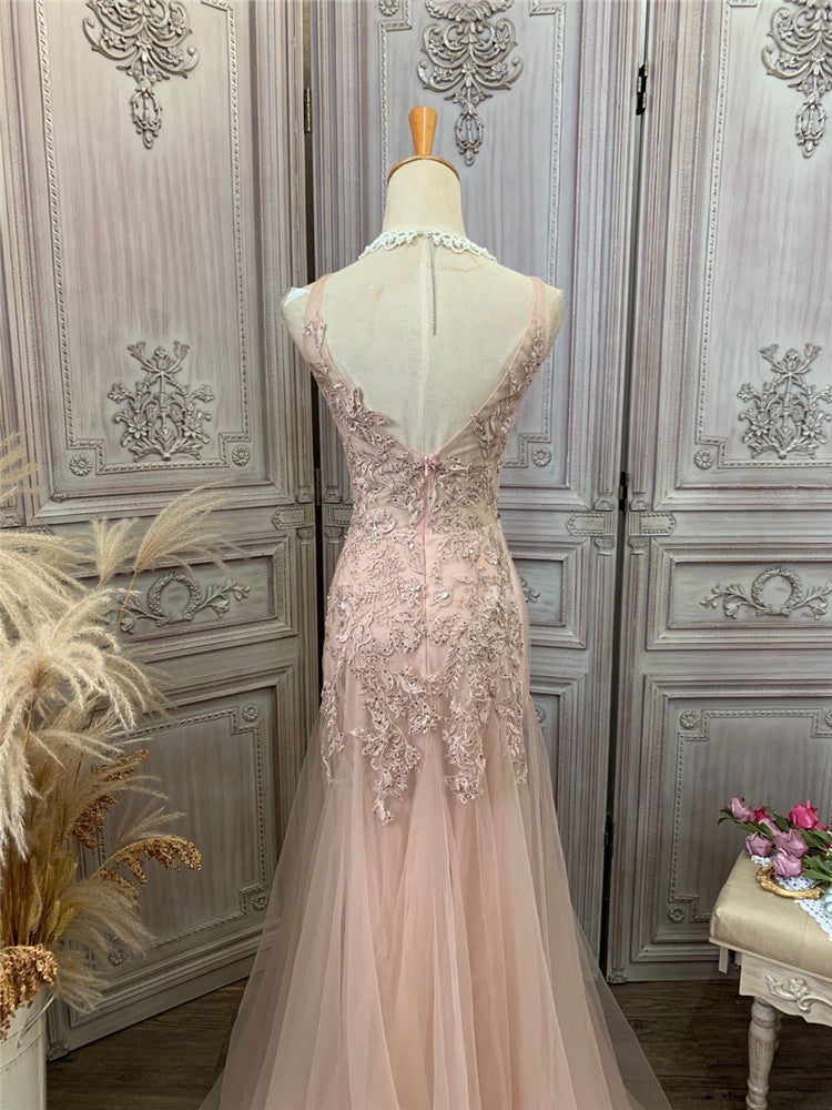 Apricot-colored organza embroidered double-shoulder long evening dress
