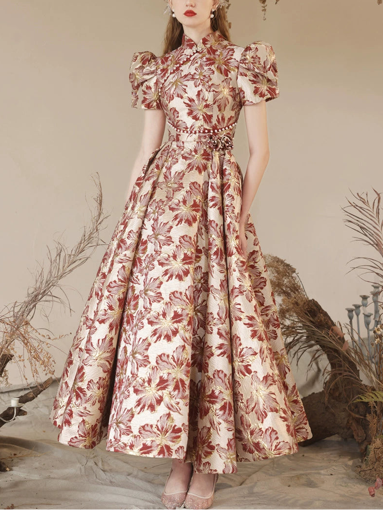 red floral print satin maxi dress