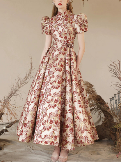 red floral print satin maxi dress