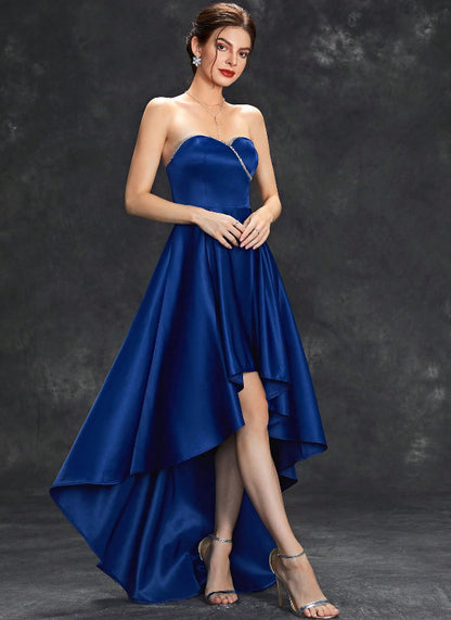 alberta rhinestone embellishment strapless satin maxi dress in blue