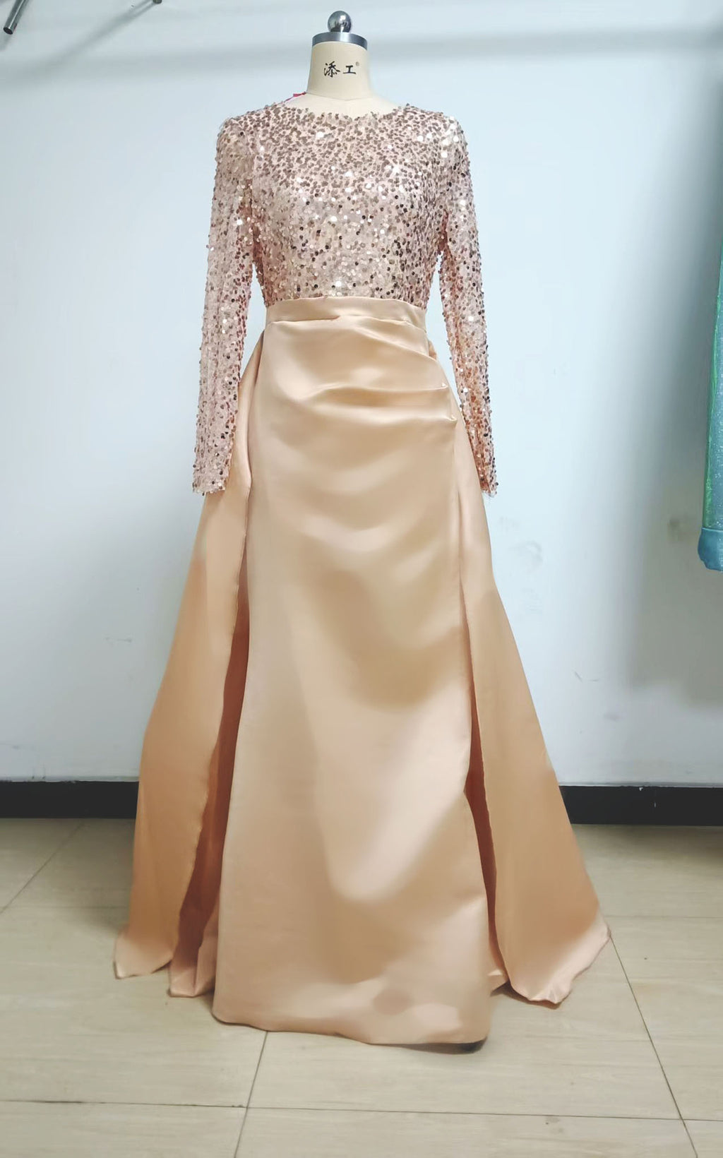 Satin Rose Gold Fishtail maxi dress in gold