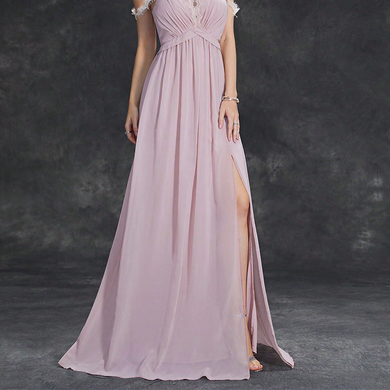kate lace trim chiffon high slit maxi dress in pink