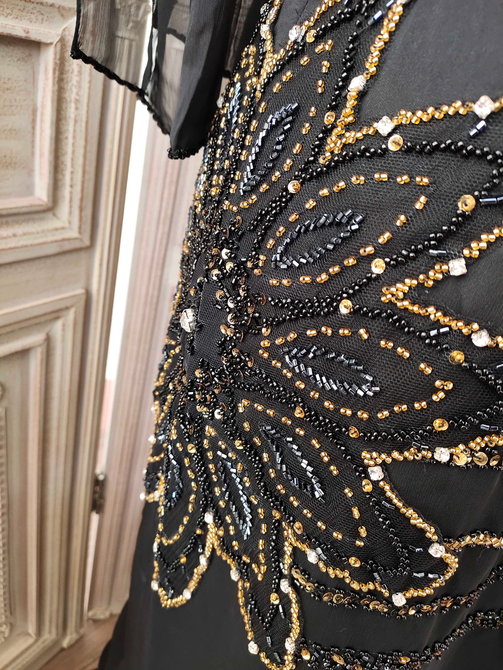 Black hand-beaded chiffon fishtail skirt