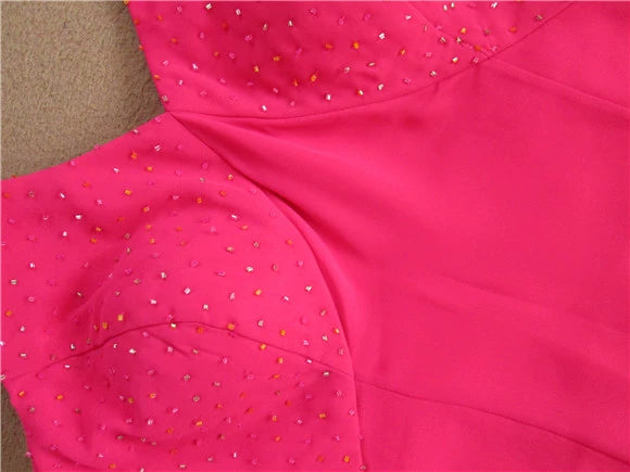 Rose red halter neck chiffon long beaded evening gown