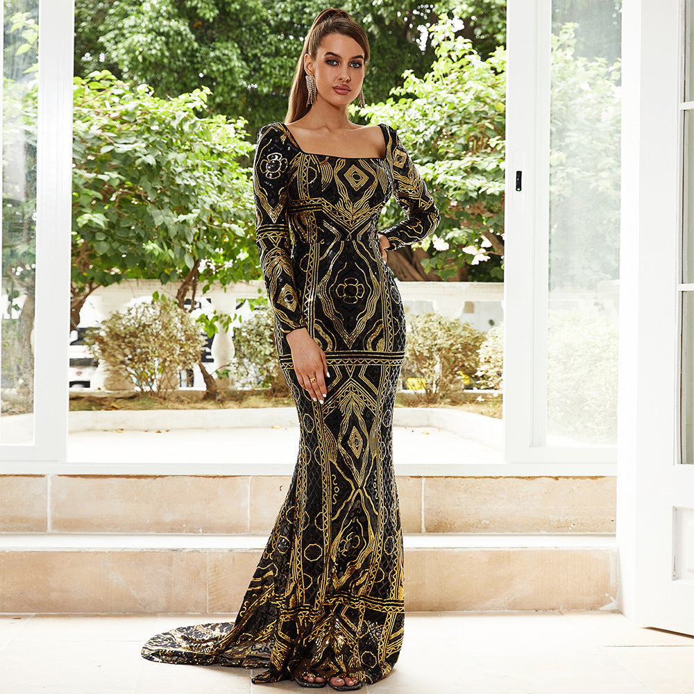square neck sequin print maxi dress