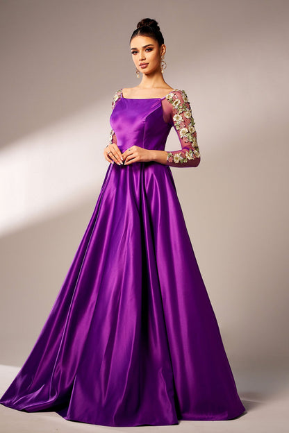 Appliqué fitted waist full skirt maxi dress in purple
