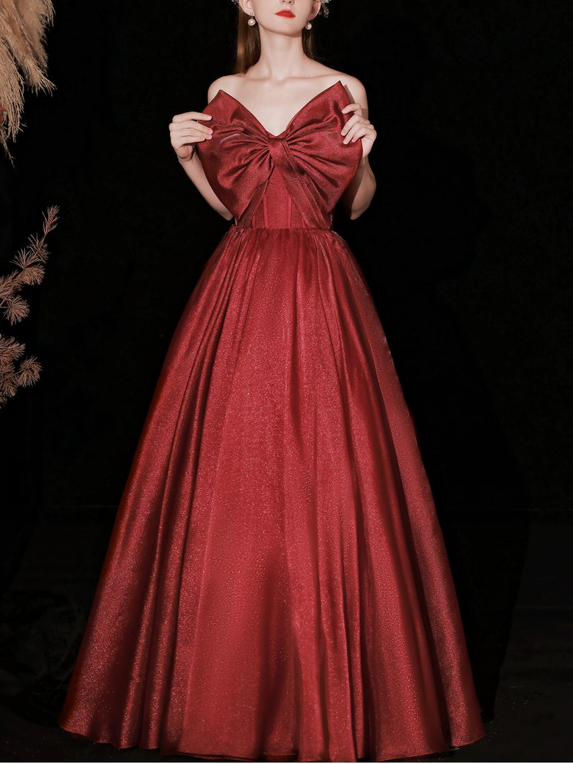 burgundy bow embellished strapless maxi dress