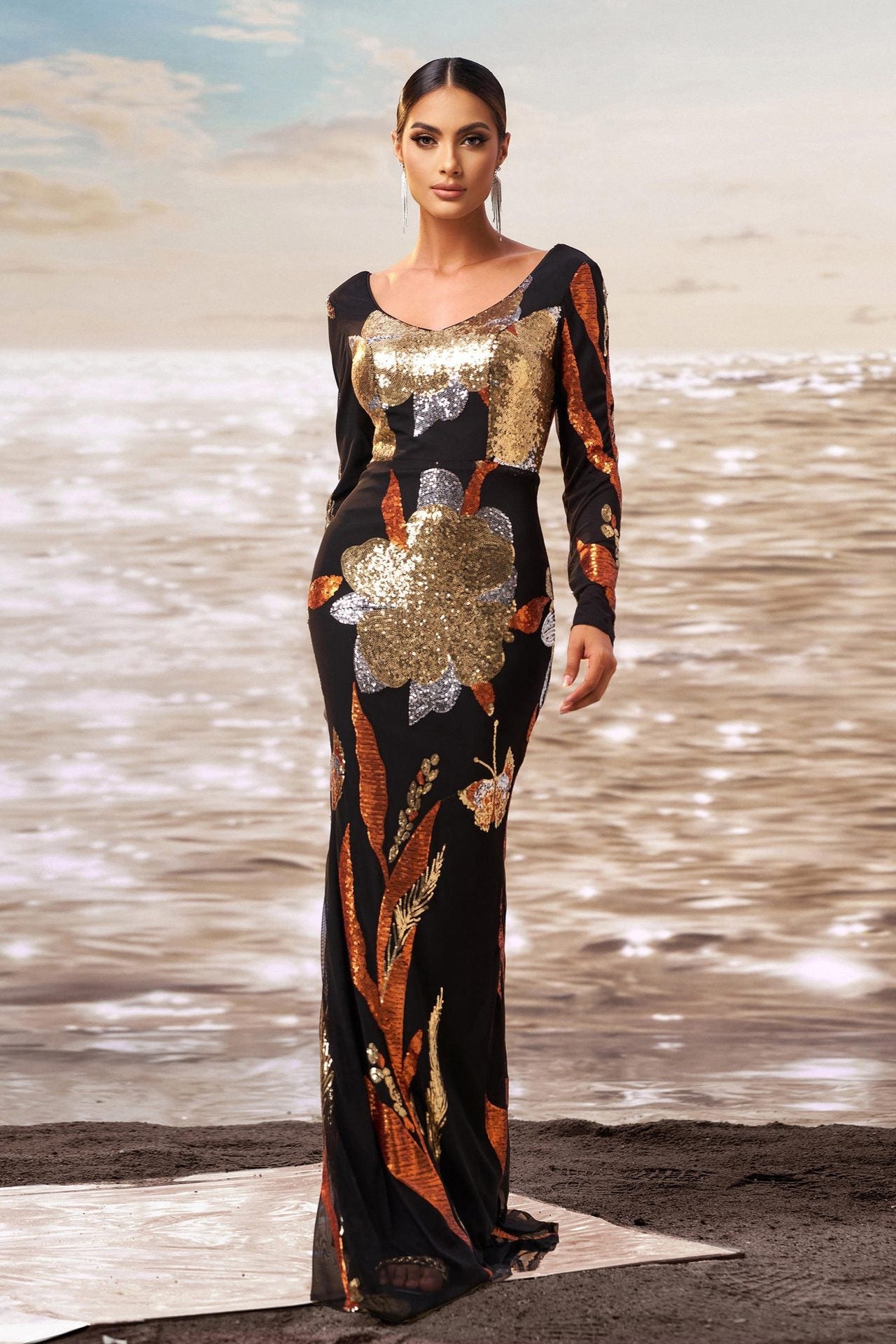 V-neck floral print bodycon sequined evening maxi dress - black/gold