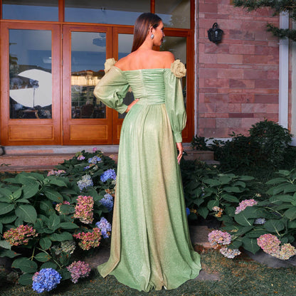 gradient green off-shoulder flower lantern sleeve maxi dress