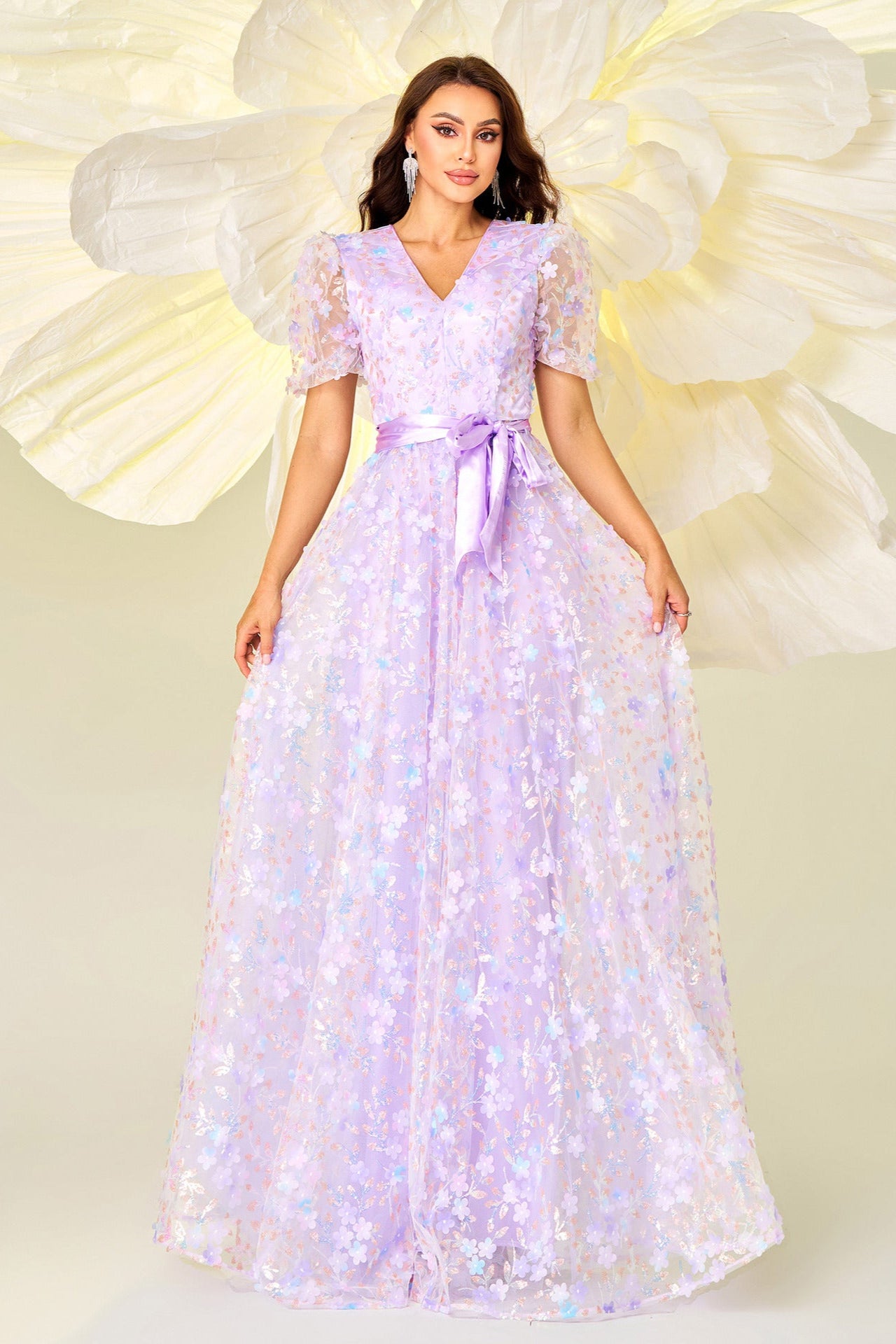 floral sequin v-neck maxi dress in purple