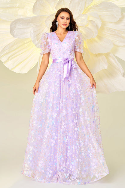floral sequin v-neck maxi dress in purple