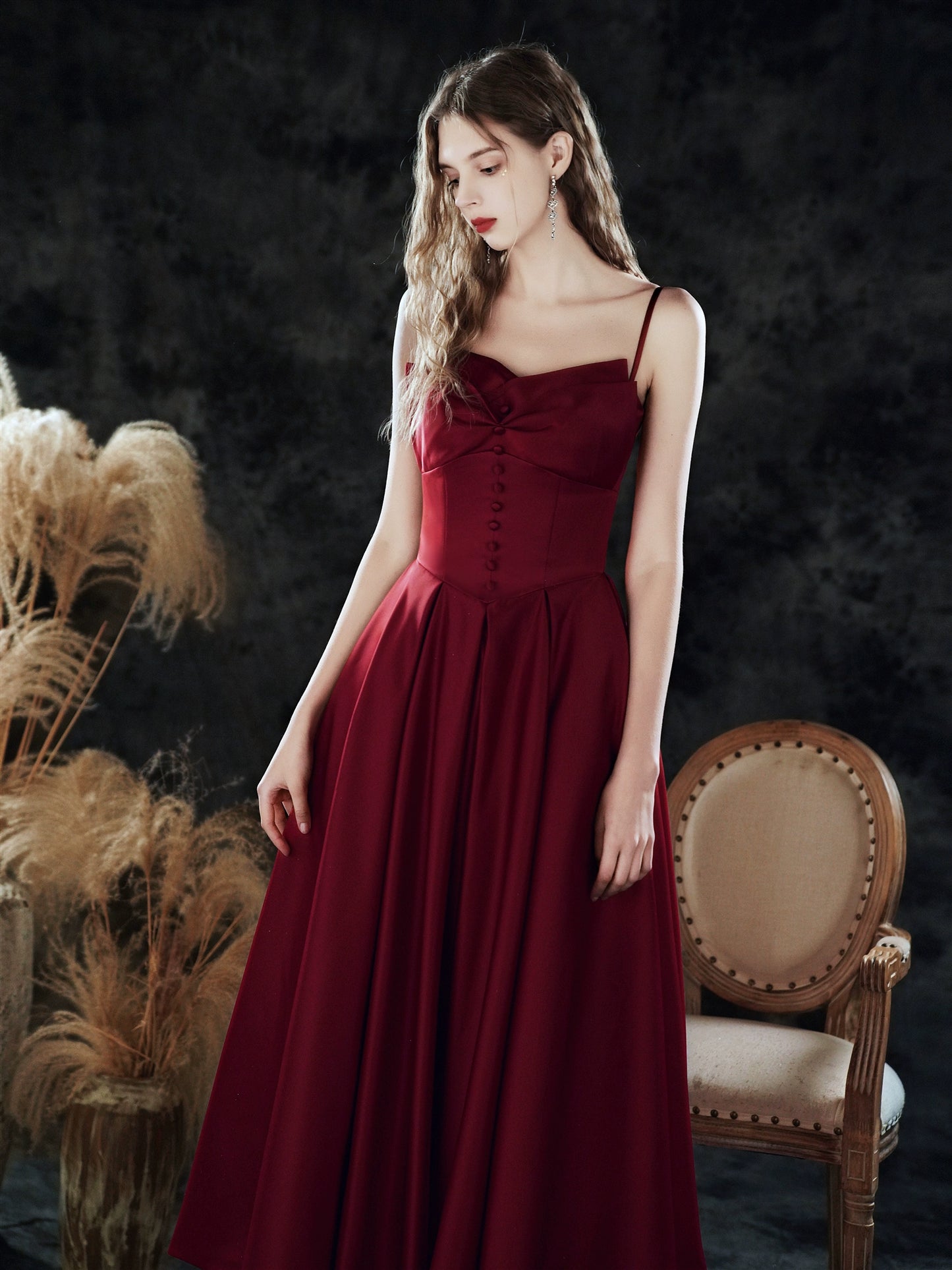 carol bow satin maxi dress in burgundy