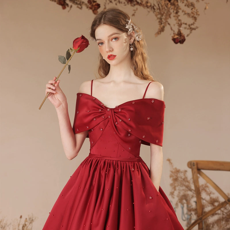 Claret pearl embellished satin bow maxi dress