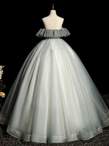 A-Line Round Neck Tulle Gray Blue Prom Dress