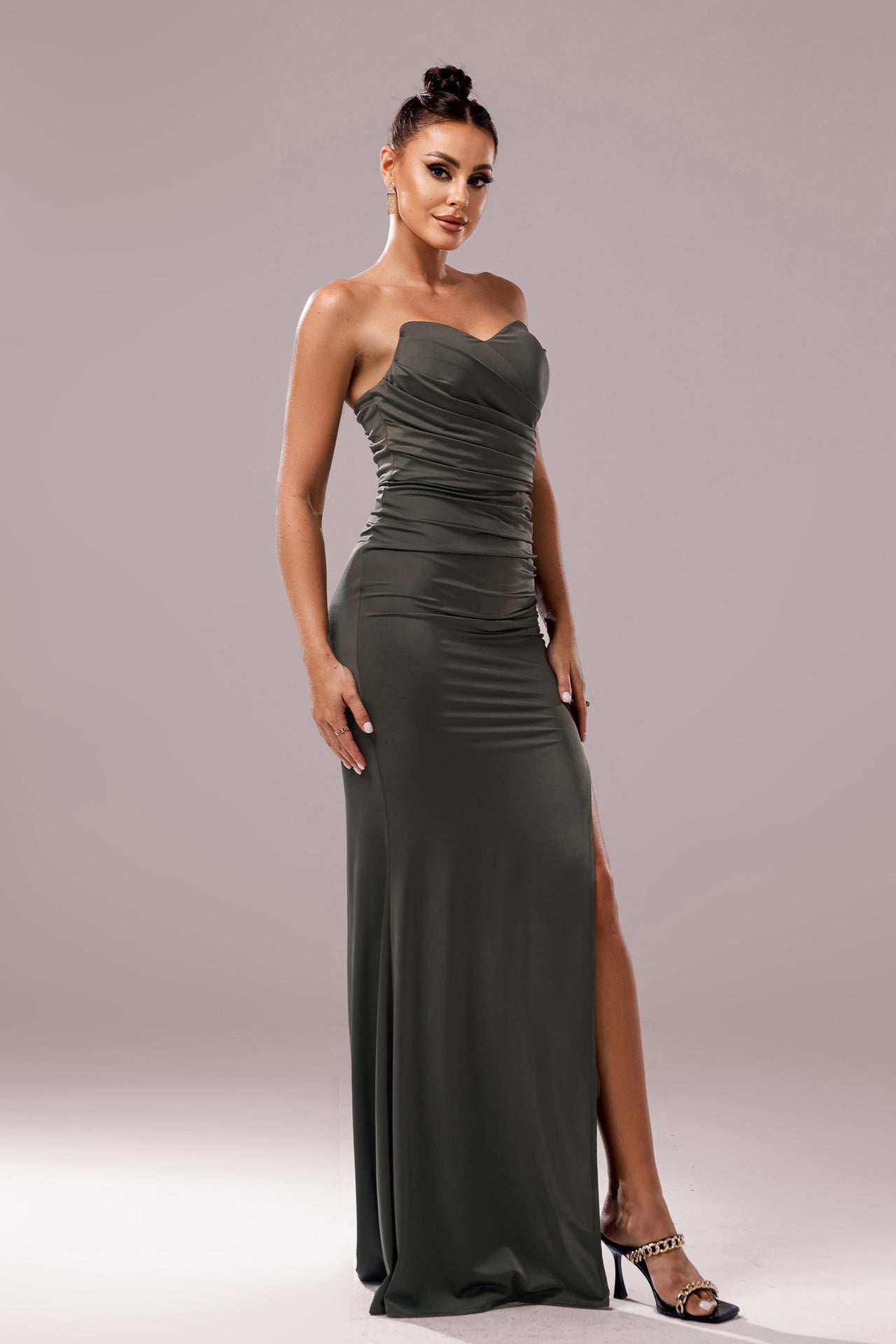 high slit strapless evening dress in olive green