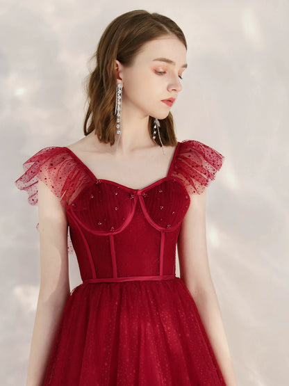 sleeveless tulle midi dress in wine red
