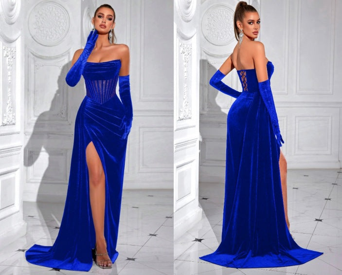 Velvet herringbone strapless evening maxi dress