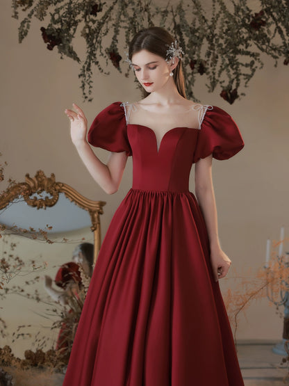 Red puff sleeve satin maxi dress