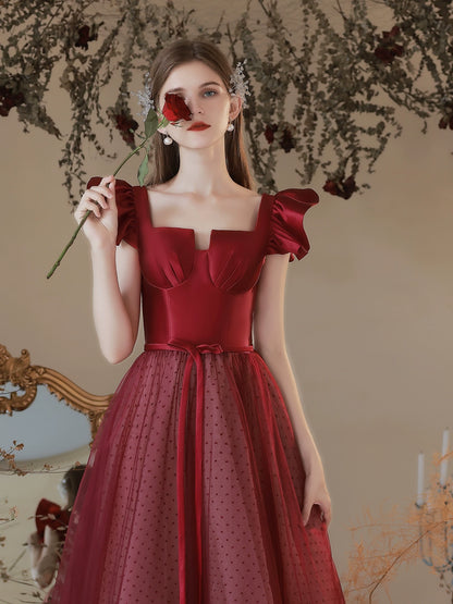 polka dots tulle patchwork satin maxi dress in Claret