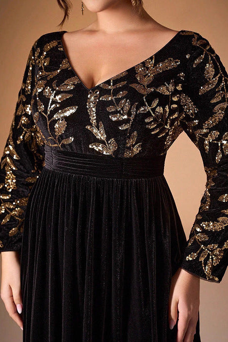 sequin floral print velvet maxi dress in black