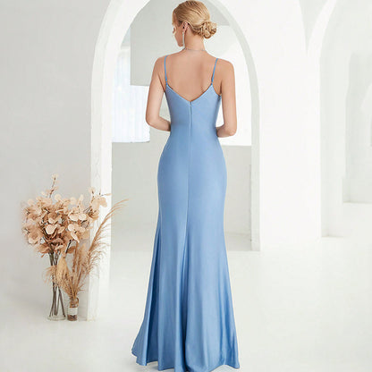 blue pleated high slit bodycon maxi dress
