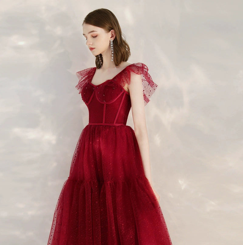 sleeveless tulle midi dress in wine red