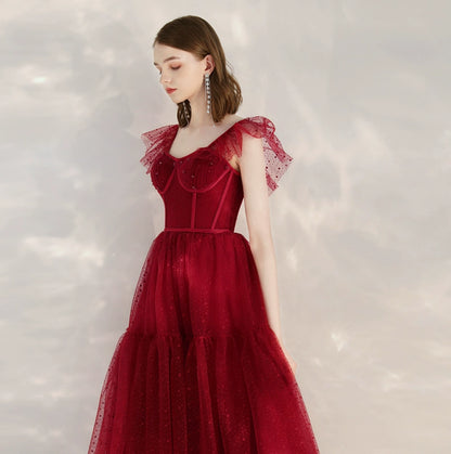 sleeveless tulle midi dress in wine red