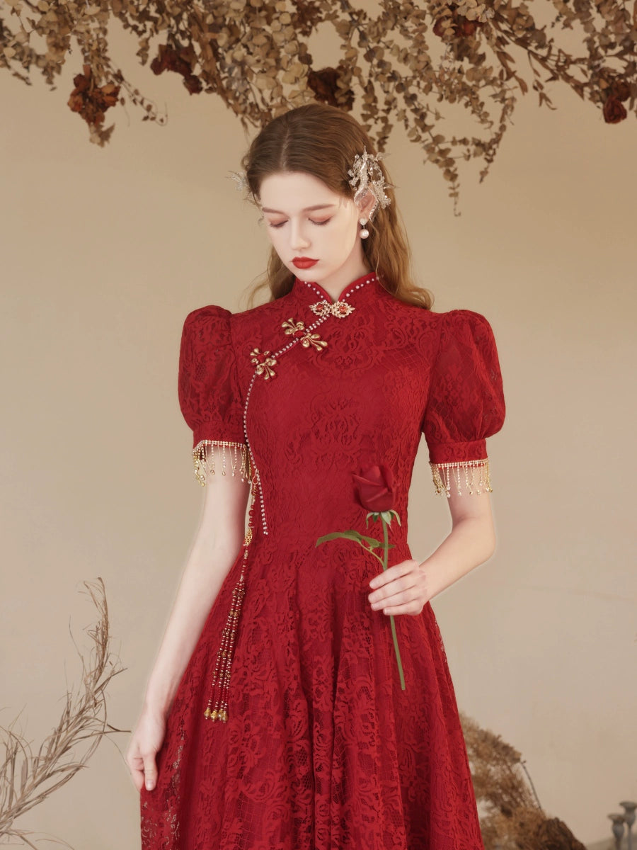 puff sleeve embroidery maxi dress in claret