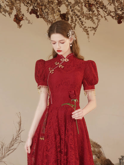puff sleeve embroidery maxi dress in claret