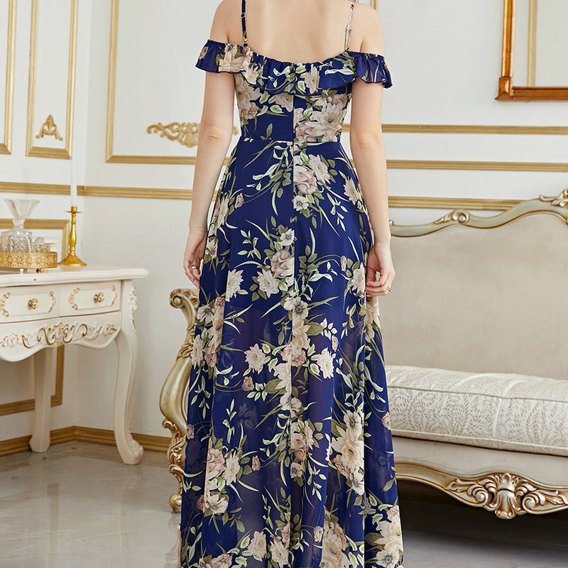 viven floral print ruffle satin maxi dress in blue