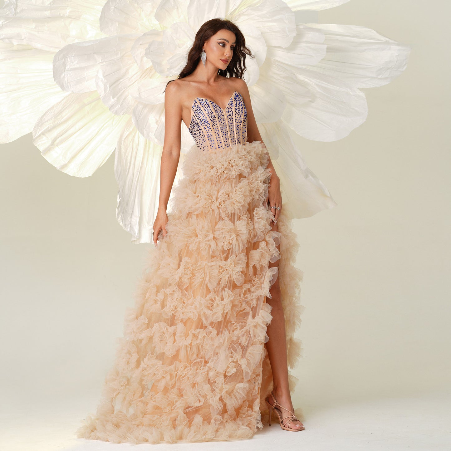 sequin embellished mesh flower hem strapless maxi dress