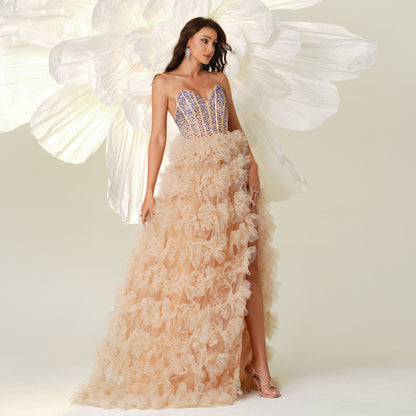 sequin embellished mesh flower hem strapless maxi dress